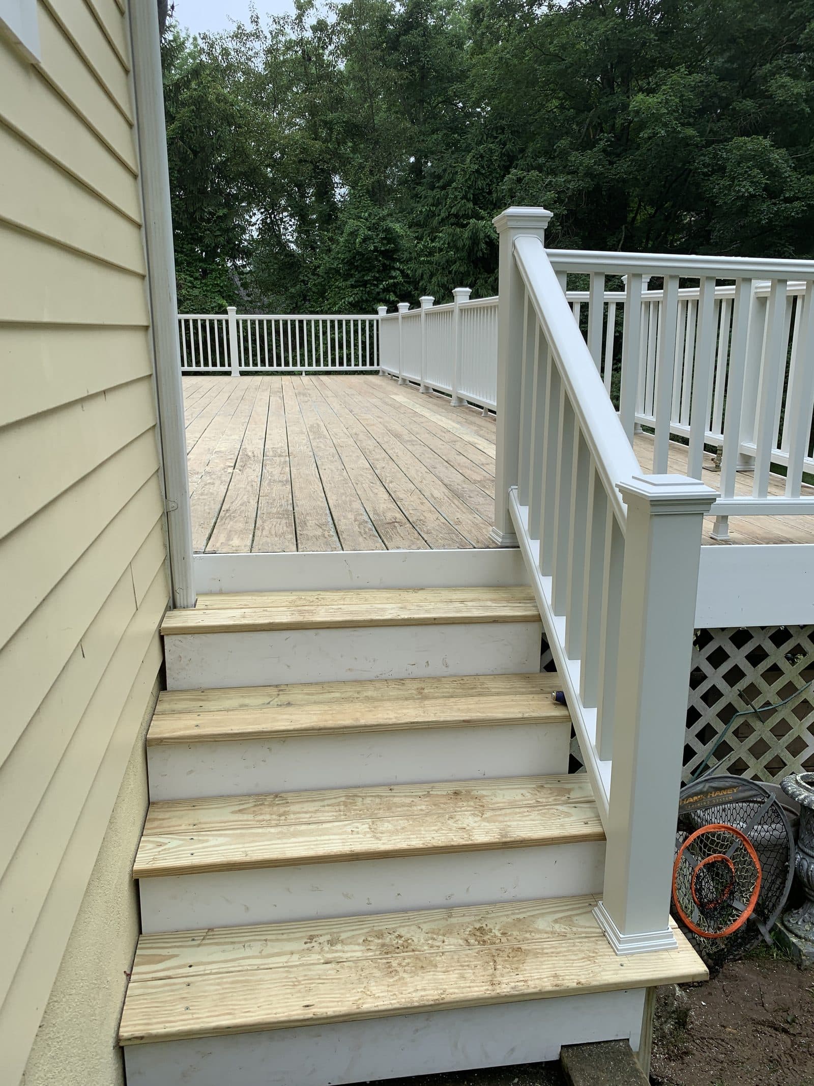 White railing deck stairs new build
