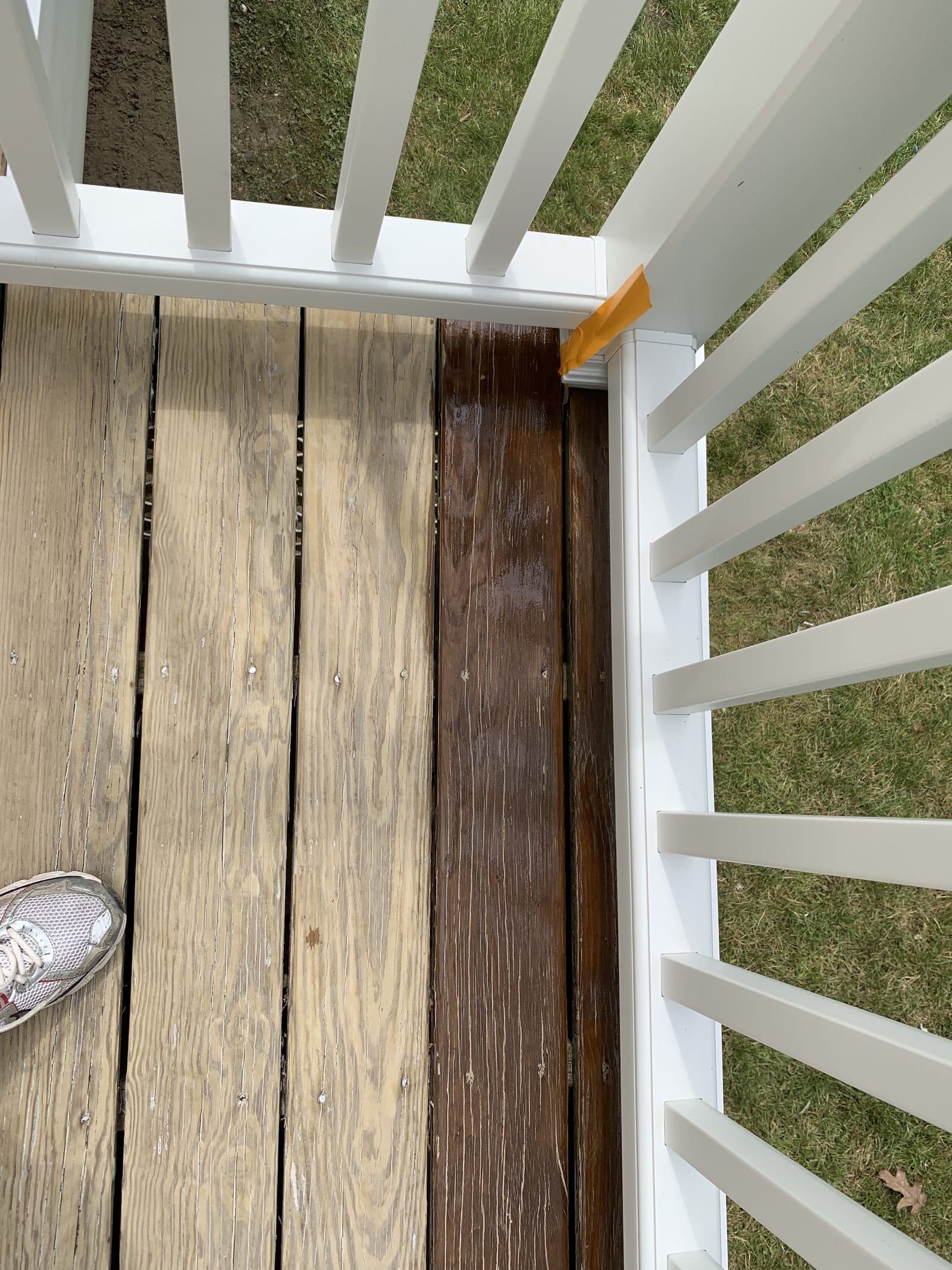 White deck stairs with wood treads