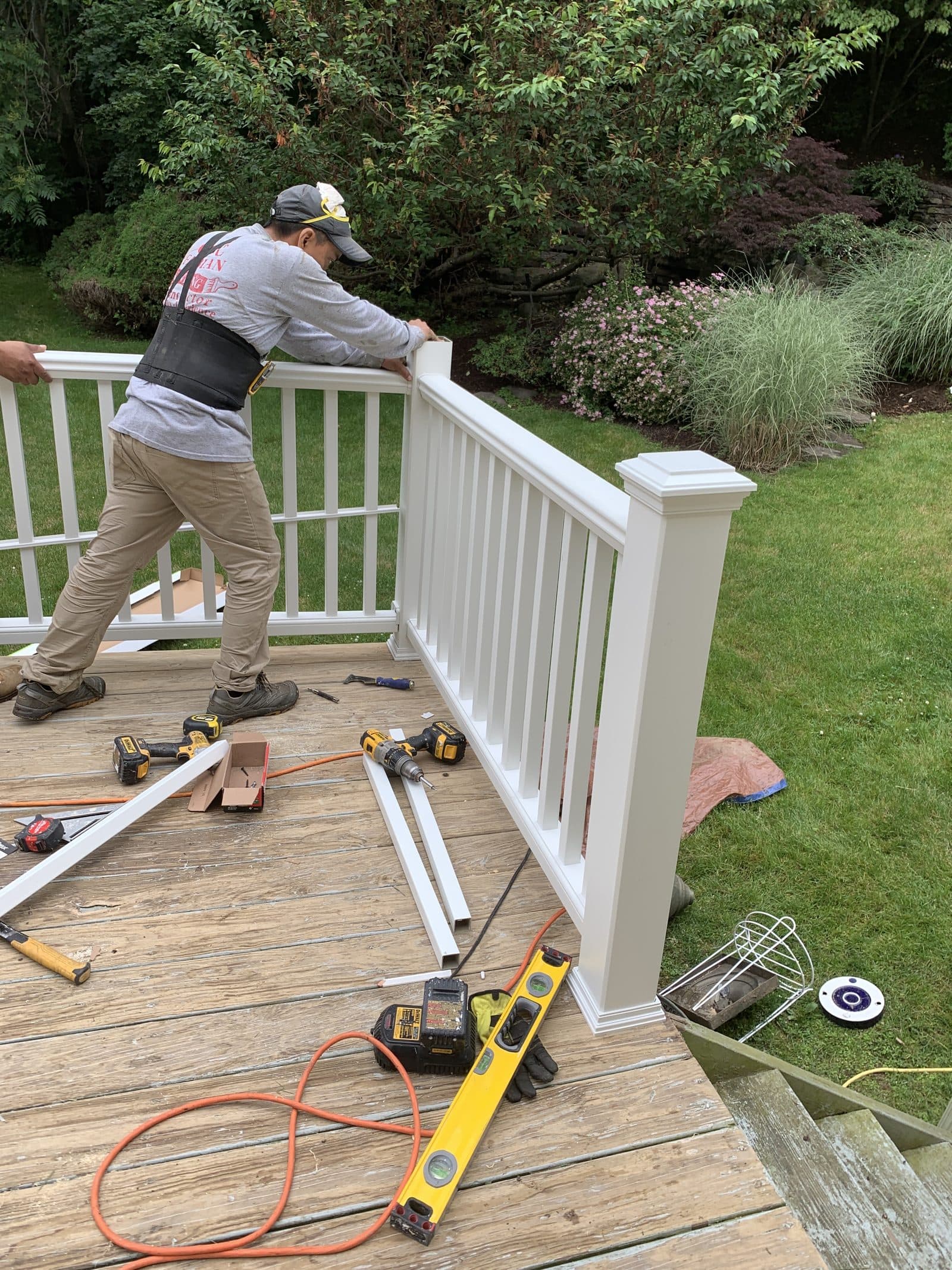 Deck construction with tools and lumber
