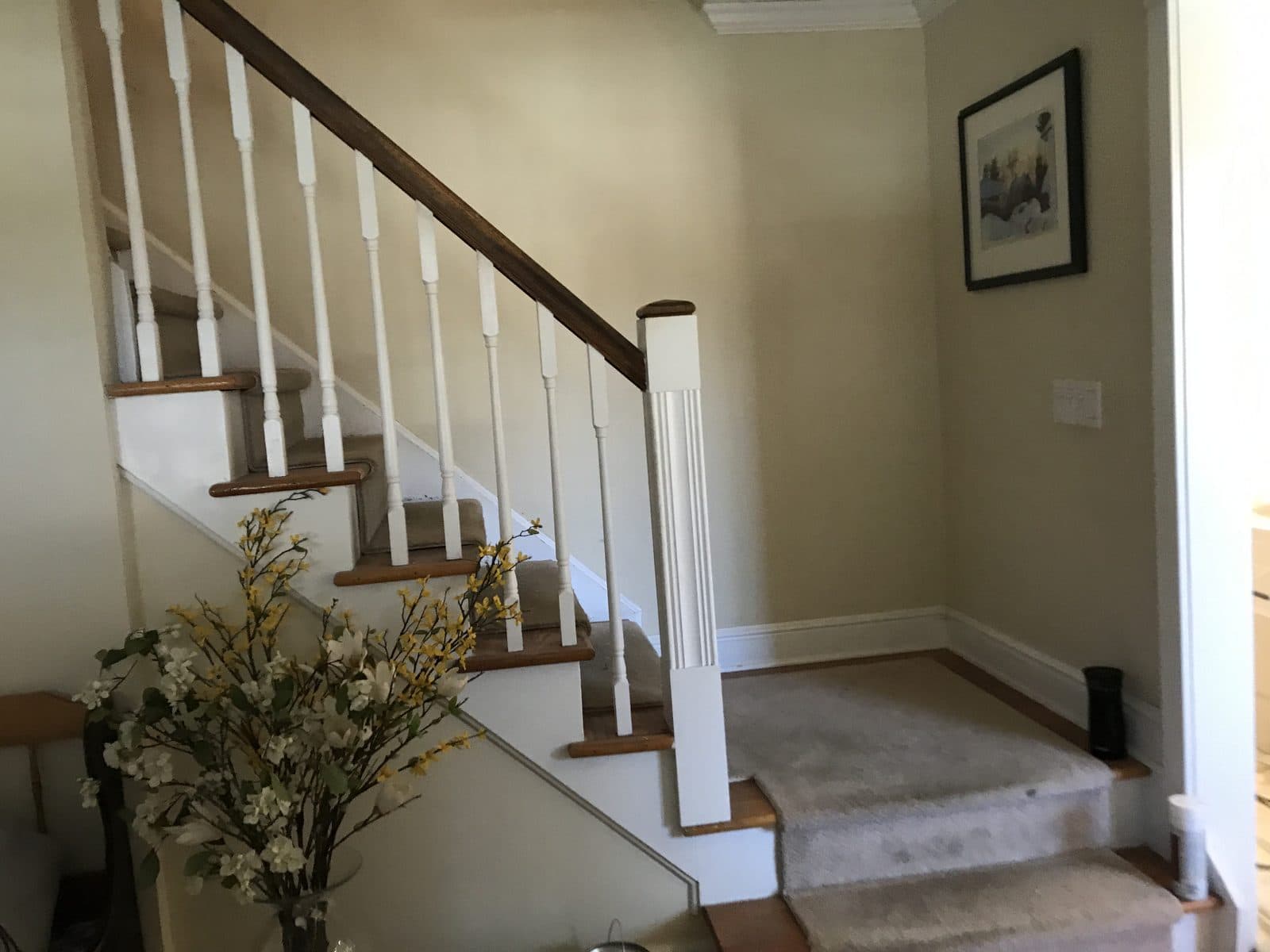 Staircase with white trim entryway