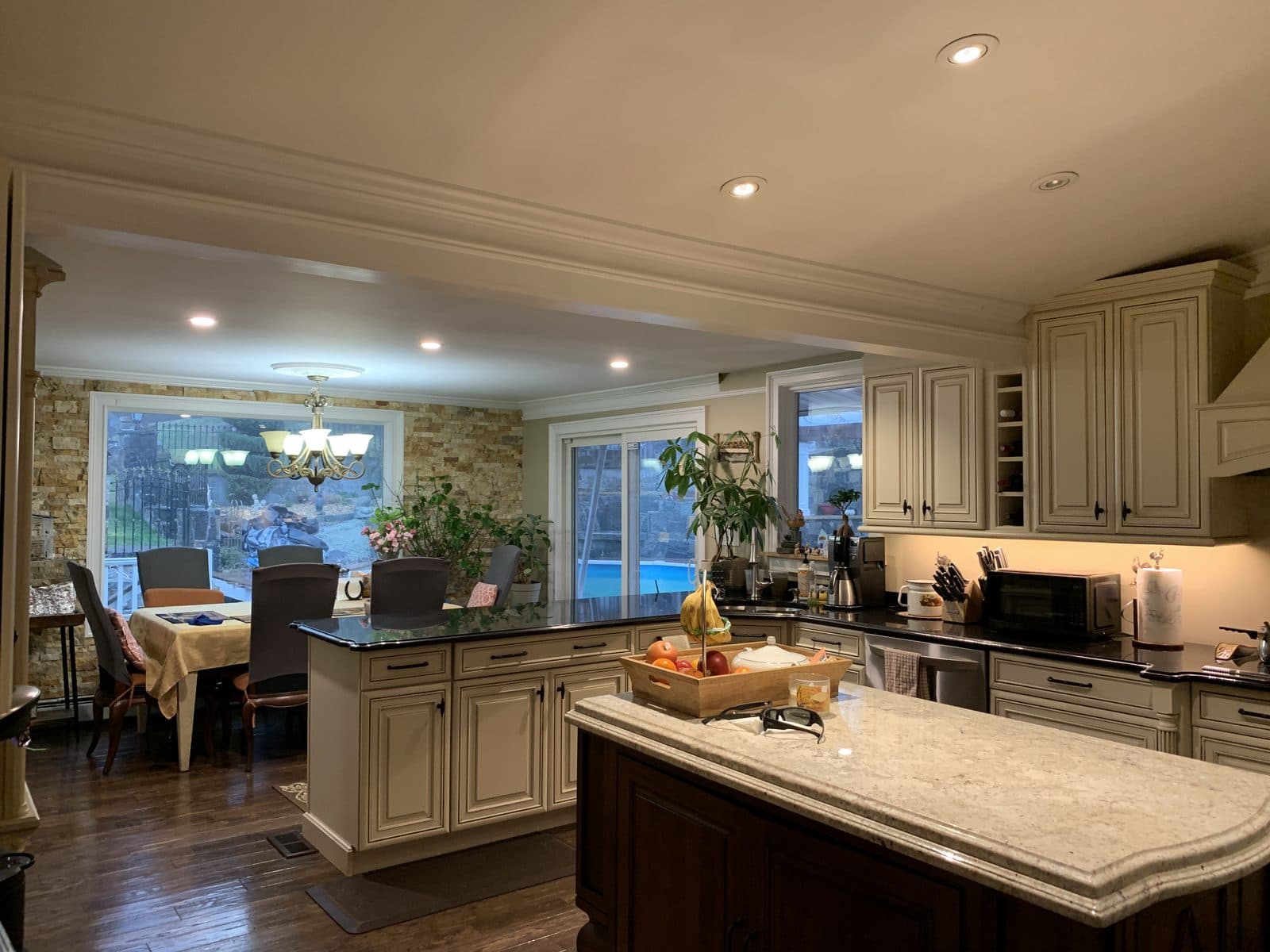 Large kitchen with island and windows