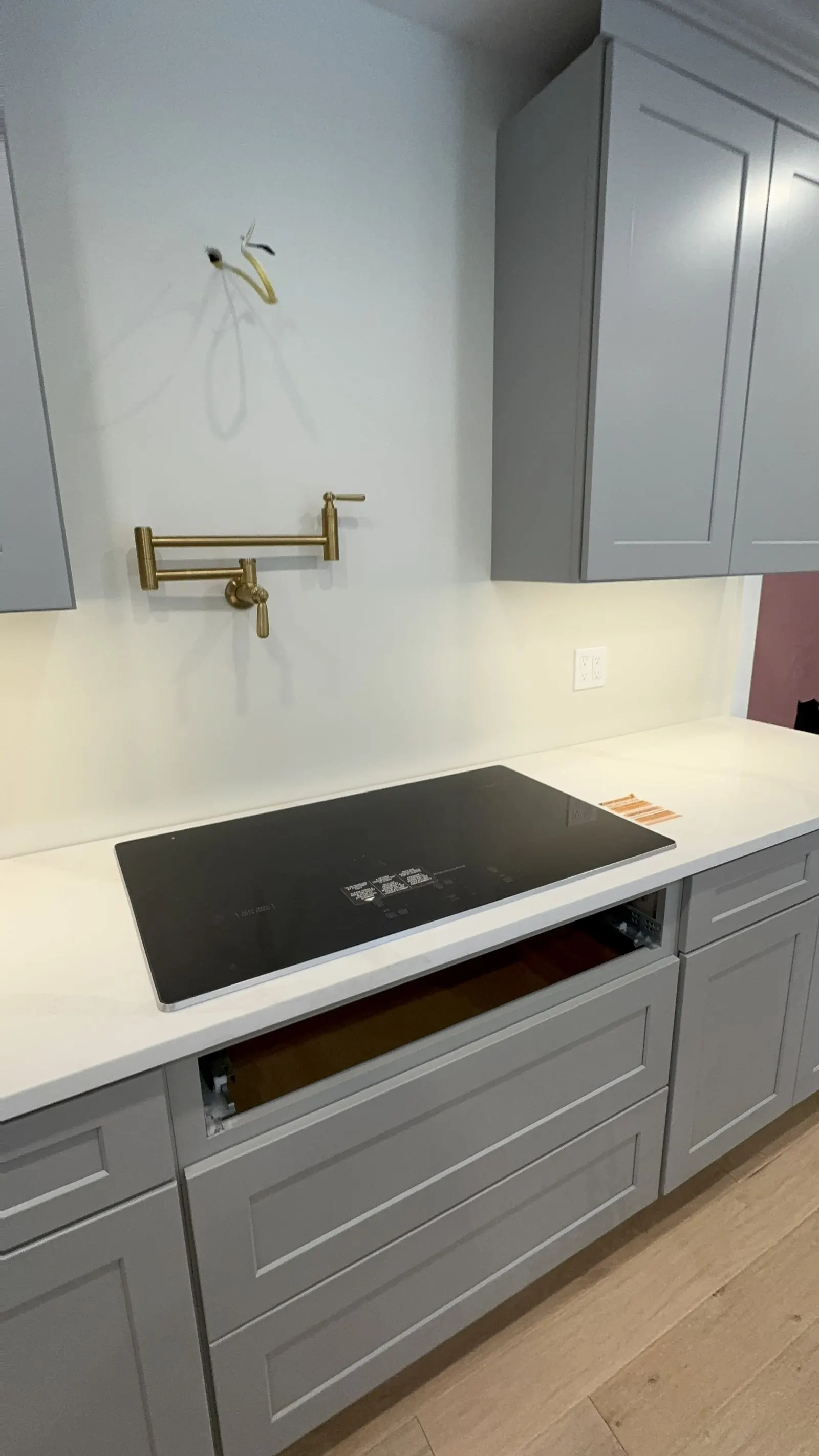 Kitchen detail with cooktop and gold pot-filler faucet