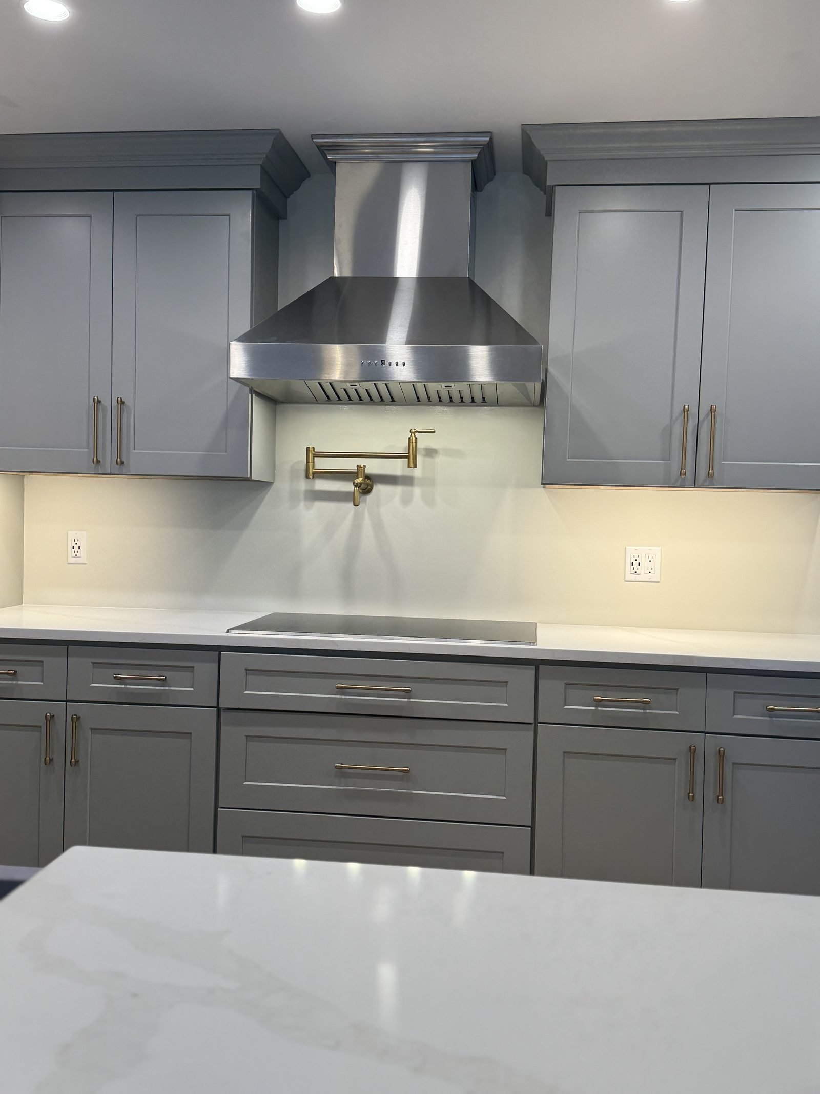 Stainless range hood and pot filler over a marble backsplash